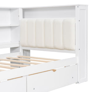 Platform Bed With Upholstered Headboard, Storage Shelves, Drawers, Charging Station, LED Lighting, Built In Desk
