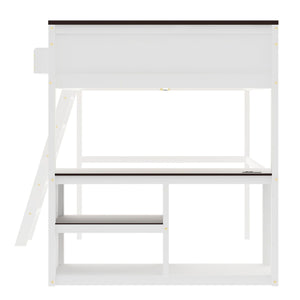 Queen Size Loft Bed With Desk, Open Shelf, Storage Box And USB Charging Station - White