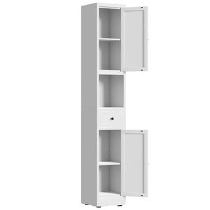 Tall Bathroom Storage Cabinet, 5-Tier Narrow With 2 Doors & Adjustable Shelves, Freestanding - White