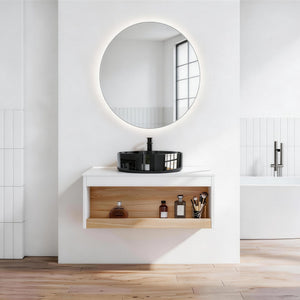 Floating Bathroom Vanity With Vessel Sink With Open Shelf Storage