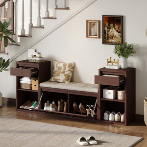 Entryway Storage Bench With Cushion, Drawers & Open Shelves