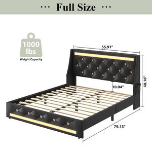 Wingback Upholstered Bed Frame With LED Lights, Charging Station