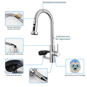 3 In 1 Kitchen Faucet With Press Type Glass Rinser, High Arc Pull Down Sprayer