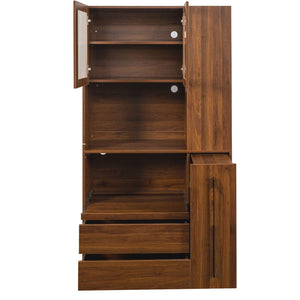 Tall Kitchen Pantry Cabinet With 4 Tier Side Shelf, 2 Drawers, Freestanding Food Hutch With Microwave Stand For Dining Room - Walnut