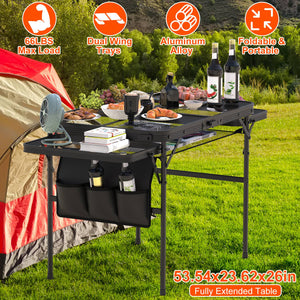 Foldable Camping Table Collapsible Picnic Aluminum Alloy Grill Stand BBQ Table with 66LBS Max Load Adjustable Height 2 Side Wing Trays Storage Net