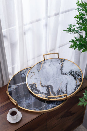 S/2 Round Decorative Tray with Abstract Marbled Design