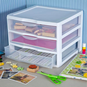 Sterilite Clear Plastic Stackable Small 3 Drawer Storage System, White, (12 Pack) - TRAPSKI