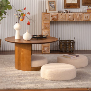 31.5" Round Wood Coffee Table with 3 Teddy Fabric Nesting Stools