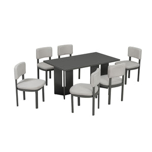 Dining Table Set With 6 Upholstered Chairs, Rectangular Table With Cutout Legs