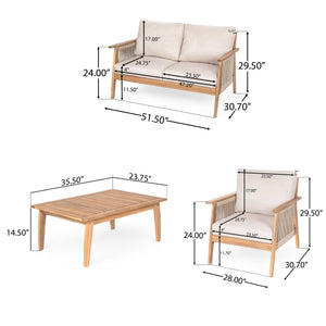 Outdoor 4pc Acacia Wood and Rope Sectional Patio Sofa Set