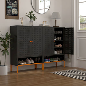 Grid Double Door Shoe Cabinet With Adjustable Compartments and Moisture-Proof Design