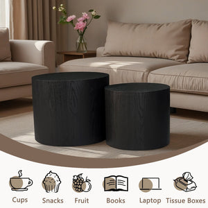 Nesting Coffee Table Set of 2, Modern Round Wood Side Tables