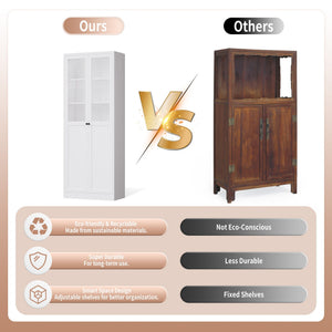 Tall Metal Kitchen Pantry Cabinet With Adjustable Shelves And Silent Magnetic Doors - White