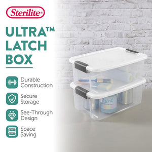 Sterilite 18 Qt Clear Plastic Stackable Storage Bin w/ White Latch Lid, 24 Pack