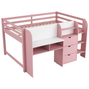 Low Loft Bed With Built In Desk, Storage Cabinets, Open Bookcase And Doodle board
