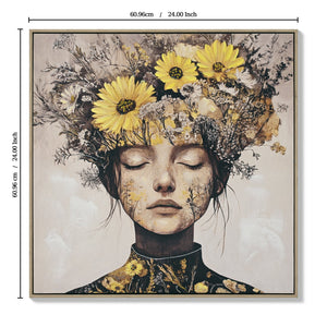 Beauty Lady Wall Art Gold and White Floral Canvas Artwork 24x24 Inch