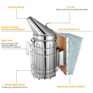Bee Hive Smoker 11-Inch Heavy Duty Stainless Steel with Metal Heat Shield Storage Hook Beekeeping Equipment Tool