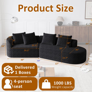 Upholstered Oversized Sectional Sofa, 4 Seater Extra Deep & Wide Curved Cloud Couch With 4 Throw Pillows For Living Room - Black