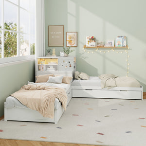L-Shaped Bed Frame With Trundle, Built In Desk & LED Lighting