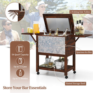 54 Quart Wooden Cooler Cart for Patio Rolling Ice Chest with Shelves-Brown