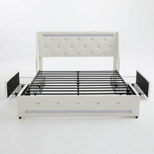 Wingback Upholstered Bed Frame With LED Lights, Charging Station
