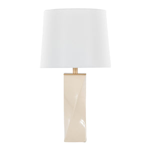 Curvo Square 27" Ceramic Table Lamp in Cream Ceramic, Gold Metal, and White Linen