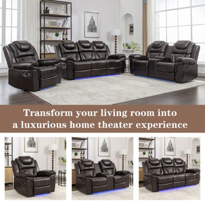 3 Pieces Recliner Sofa Sets Home Theater Seating Manual Recliner Chair & Center Console And LED Light Strip For Living Room - Brown
