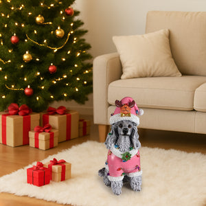 Christmas Poodle Statue, Holiday Dog Figurine