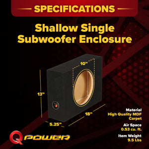 QPower Shallow Single 10" Sealed Truck Subwoofer Speaker Box, 18" x 13" x 5.25"