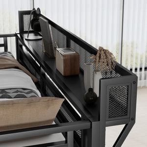 Queen Size Loft Bed With Stairs, Storage Shelves, Wardrobe - Black