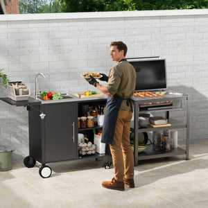 Outdoor Grill Table With Sink, Worktable Kitchen Cabinet Island With Wheels & Foldable Top - Black