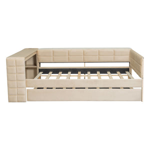 Upholstered Platform Bed With Storage Shelves, Desk, Charging Station And Trundle