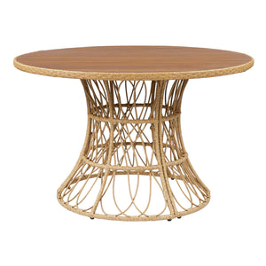 5-Piece Outdoor Dining Set: Teak Finish Round Acacia Wood Table & 4 Wicker Armchairs