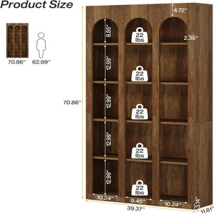 5 Tier Farmhouse Arched Bookcase For Living Room - Rustic Brown