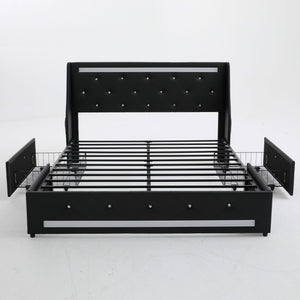 Wingback Upholstered Bed Frame With LED Lights, Charging Station
