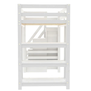 Loft Bed With 4 Layer Shelves, Storage Staircase, Small Wardrobe And LED Light