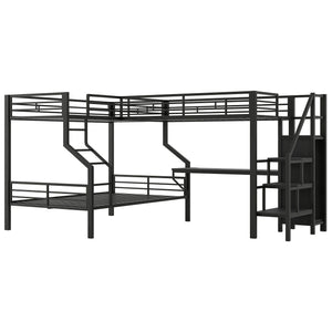 Twin Over Full L Shaped Bunk & Loft Bed With Built-In Wardrobe, Desk, And USB Ports - Black