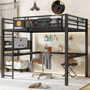 Full Size Loft Bed Frame with Desk and Charging Port
