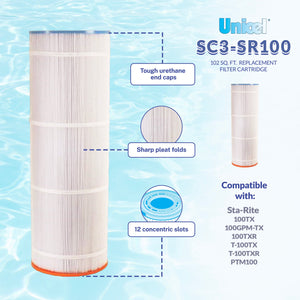 Unicel SC3-SR100 102 Square Foot 3 Oz Media Pool Filter Cartridge, 195 Pleats