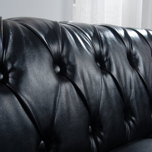 84.65" Black PU Rolled Arm Chesterfield Three Seater Sofa