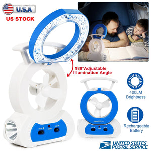 Desk Cooling Fan w/180¡Adjustable LED Lamp Baby Stroller Fan Emergency Flashlight Torch for Household Camping Traveling