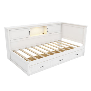 Twin Size L - Shaped Captain Bed With Drawer And Bookcase, LED Downlight And USB Charging Station - White