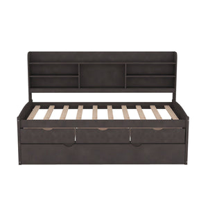 Captain Bed With Built In Bookshelves, 3 Storage Drawers, And Trundle