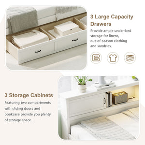 Twin Size L - Shaped Captain Bed With Drawer And Bookcase, LED Downlight And USB Charging Station - White