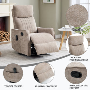 Khaki Heat Massage Manual Recliner Chair with Rocker and Swivel in Fabric for Living Room