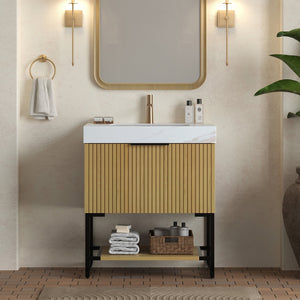 YOLAN 30" Bathroom Vanity & Sink, Freestanding Striped Plywood Storage Cabinet