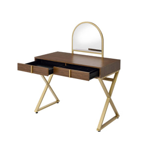 Coleen Walnut & Gold Finish Vanity Desk with Mirror & Jewelry Tray