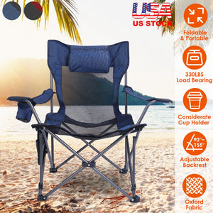 Foldable Camping Chair 330LBS Load Heavy Duty Steel Lawn Chair Collapsible Chair with Reclining Backrest Angle Cup Holder Pillow Side Pocket Carry Bag