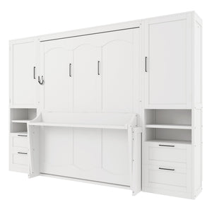 Queen Size Murphy Bed Wall Bed with Closet, Drawers and Shelves, White