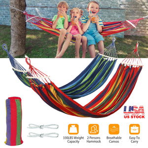 Double Hammock 2 Person Canvas Hanging Hammock Swing Bed with Carrying Bag Hold 330LBS for Camping Travel Beach